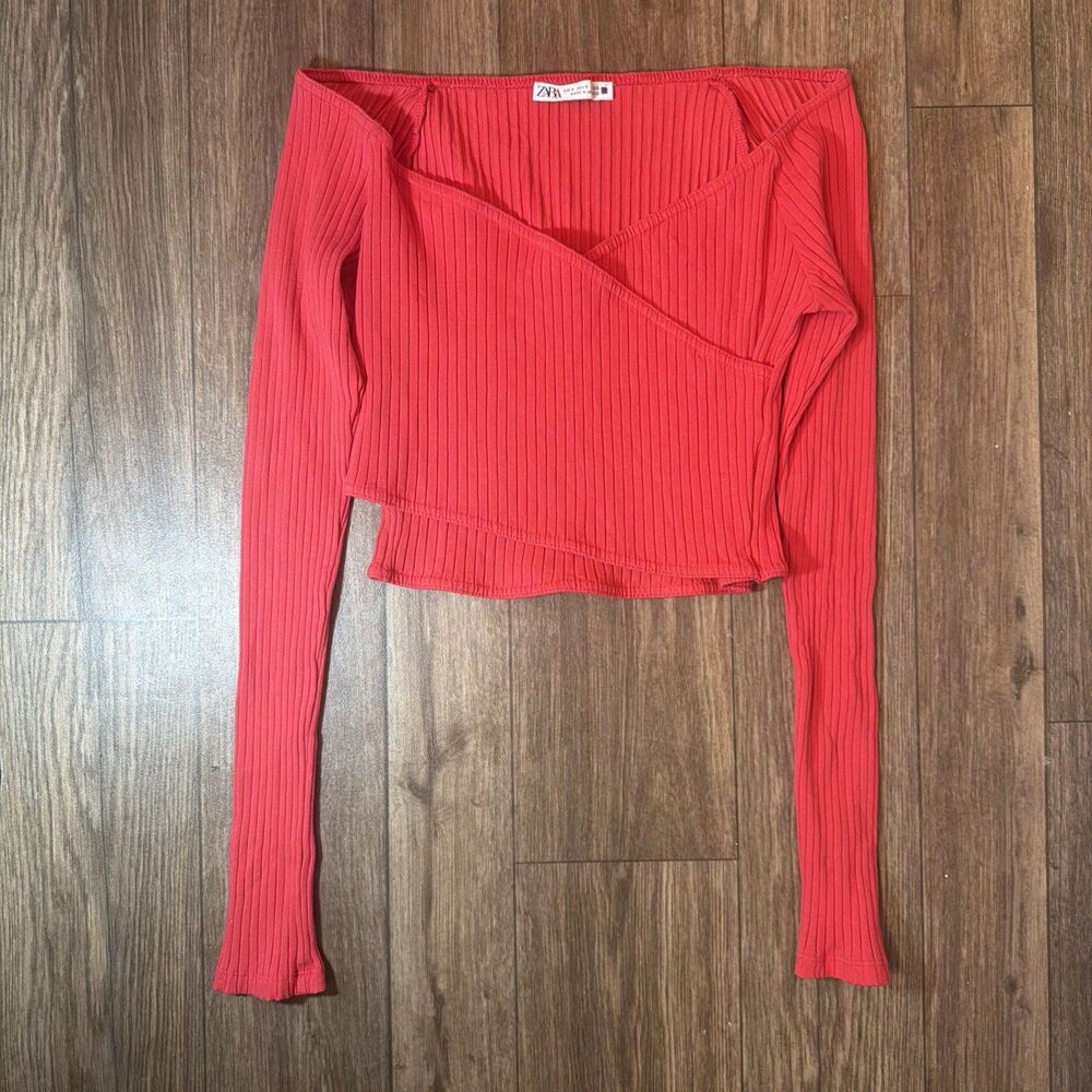 ZARA W/ S PINK Asymmetric Off-Shoulder Top Ribbed Knit Long Sleeve Crop Blouse